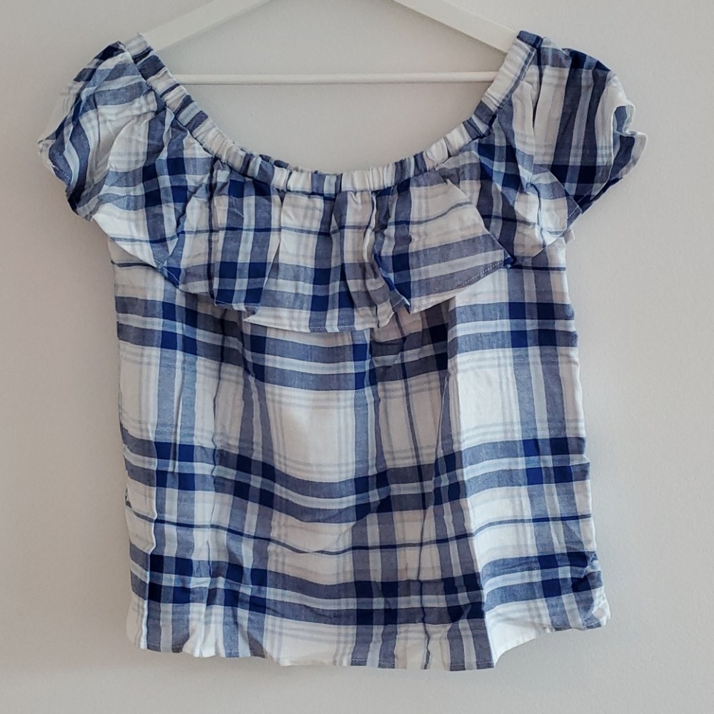 NWT Zara Navy and White Plaid Off-Shoulder Top
